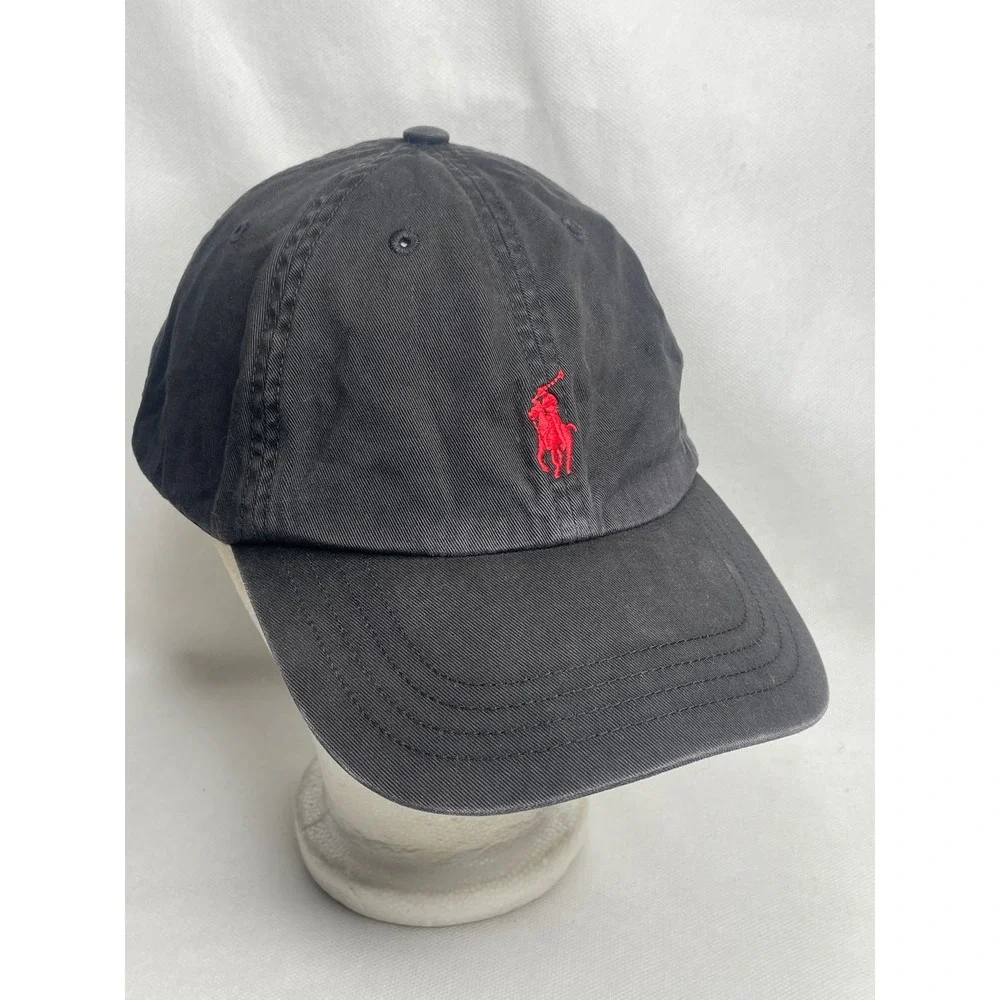 VTG Polo Ralph Lauren Red Horse Logo Dad Cap Black Adjustable OneSize Cotton Hat
